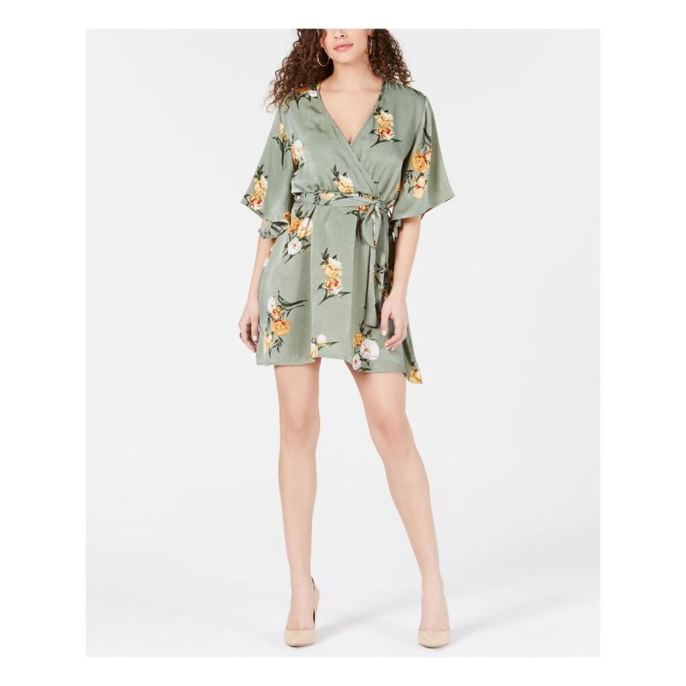 NWT PROJECT 28 NYC Womens Green Floral Short Sleeve V Neck Mini A-Line Dress M